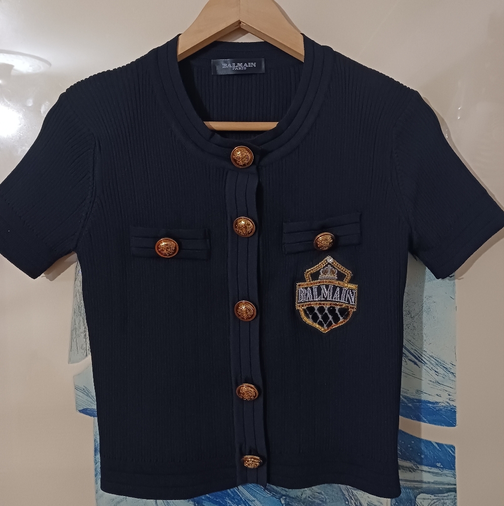 Balmain black Knit top with gold-tone buttons
